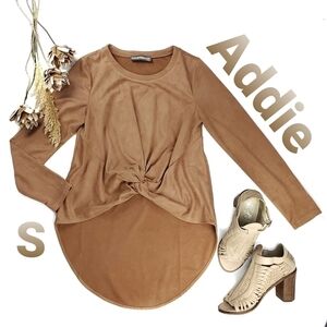 Addie Velour Tan Knotted Hi Lo Long Sleeve Top S